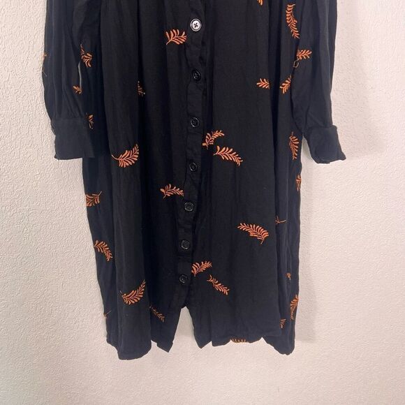 Megan Park Black w/ Orange Embroidered Leaf Print Button Down Merino Wool Long S - Picture 4 of 11